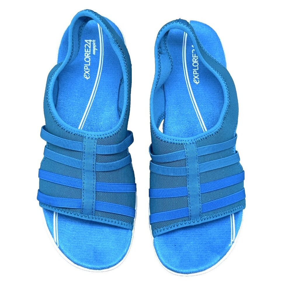 Womens Easy Spirit Sandals Blue Stretchy Sling Back Wedge Misty Day Sz 8.5 Wide